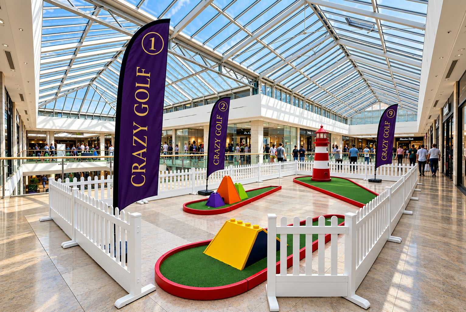 A pop-up crazy golf course set up indoors