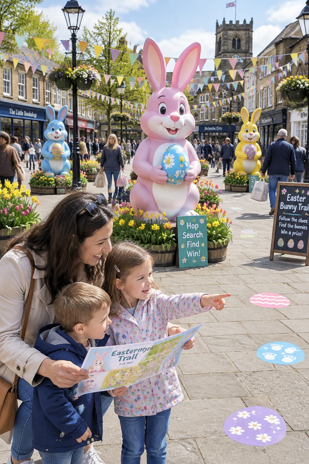 Easter bunny figures on a town centre trail